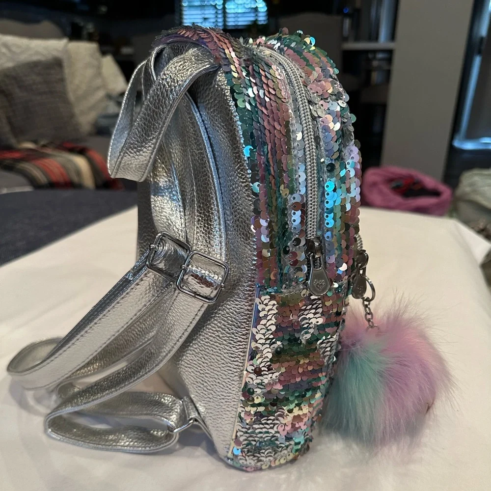 Justice Small Silver Sequin Backpack with Pom Pom Initial (Letter N)